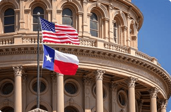 Texas building with US and Texas state flag