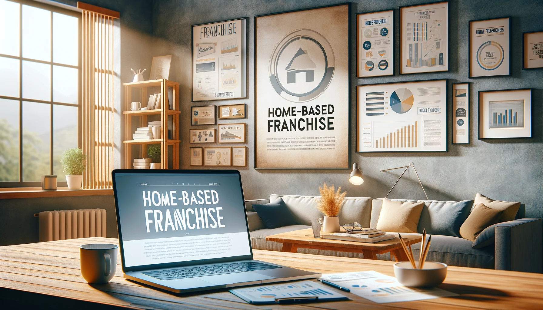 cozy home office setup with home based franchise branding elements